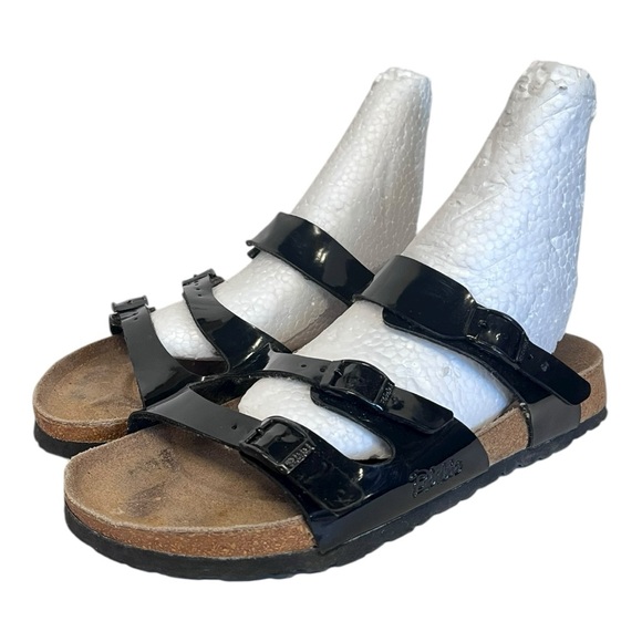Birkenstock | Birki’s Florida Shiny‎ Black 3 Straps Sandals W7 M5 EU 38 Leather - Picture 3 of 12